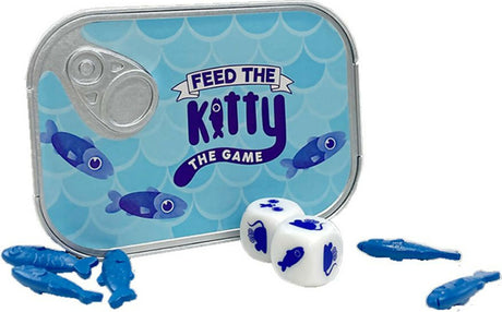 Board game packaging for 'Feed the Kitty' with blue fish figures and dice on a white background