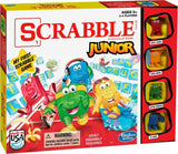 Scrabble Junior board game box with colorful tiles and cartoon characters on a red background