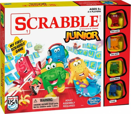 Scrabble Junior board game box with colorful tiles and cartoon characters on a red background