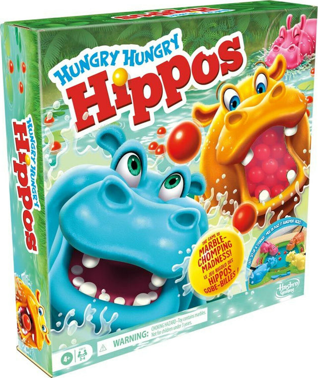 Box of Hungry Hungry Hippos game with colorful hippos on a green background