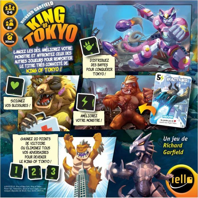 Collage of King of Tokyo board game components including cards and character figures.