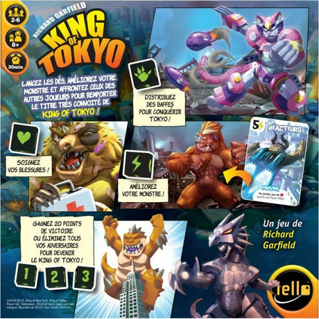 Collage of King of Tokyo board game components including cards and character figures.