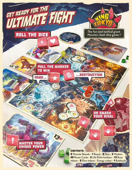 Board game packaging for 'King of Tokyo' with dice and cards on a table.