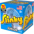 Box of Slinky Junior toy with blue background and yellow text