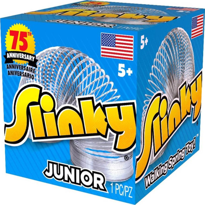 Box of Slinky Junior toy with blue background and yellow text