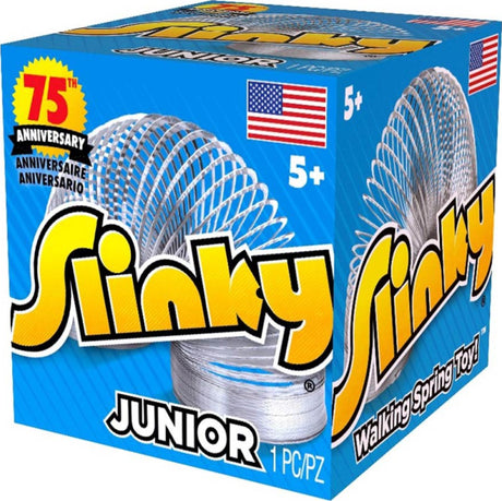 Box of Slinky Junior toy with blue background and yellow text
