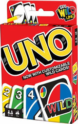 UNO card game packaging with customizable wild cards on a red background