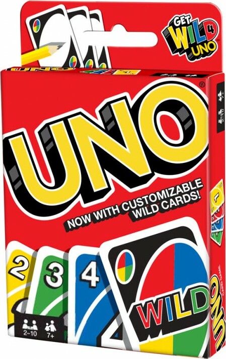 UNO card game packaging with customizable wild cards on a red background