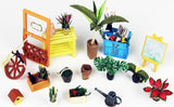 Collection of miniature plants and gardening accessories for Rolife Cathy's Flower House DIY Miniature House on a white background