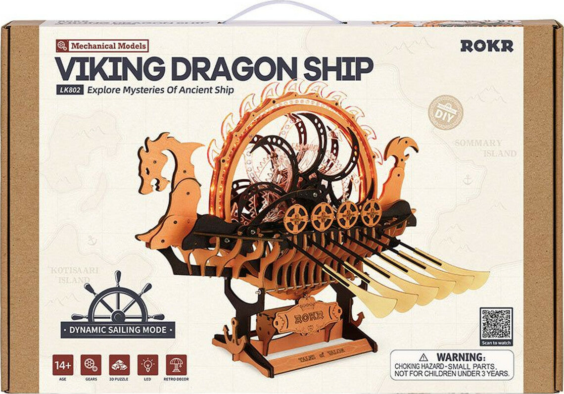 Box of a Viking Dragon Ship model kit by ROKR with wooden ship illustration on beige background
