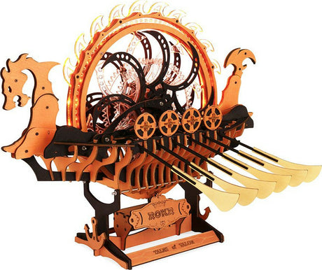 Wooden model of a Viking Dragon Ship Mechanical 3D Wooden Puzzle with mechanical elements on a white background