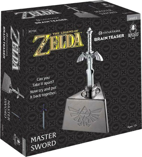 Box of 'The Legend of Zelda' Master Sword brain teaser puzzle with sword and Hyrule logo on black background.