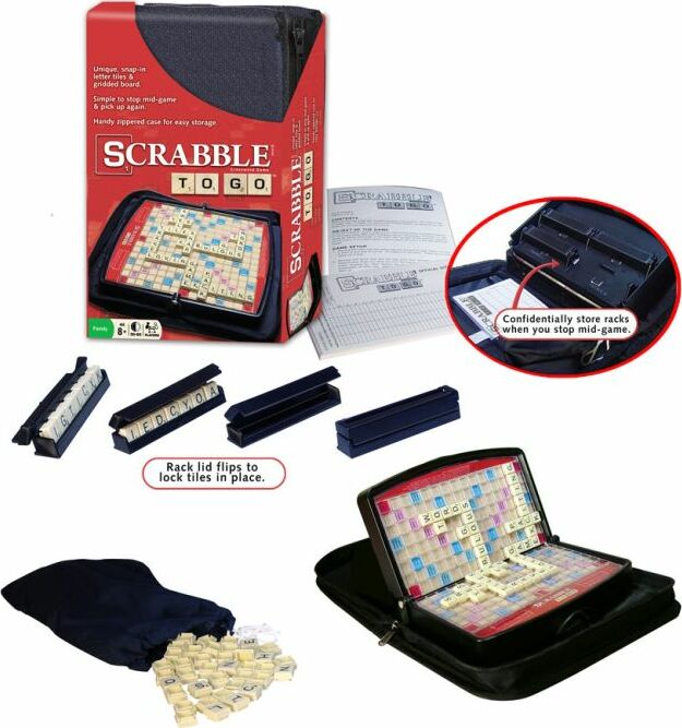 Scrabble ToGo game set with packaging, tiles, and carrying case on a white background