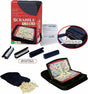 Scrabble ToGo game set with packaging, tiles, and carrying case on a white background