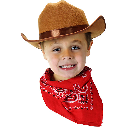 Child wearing a Jr. Cowboy Hat (Brown) w/Bandanna  on a white background