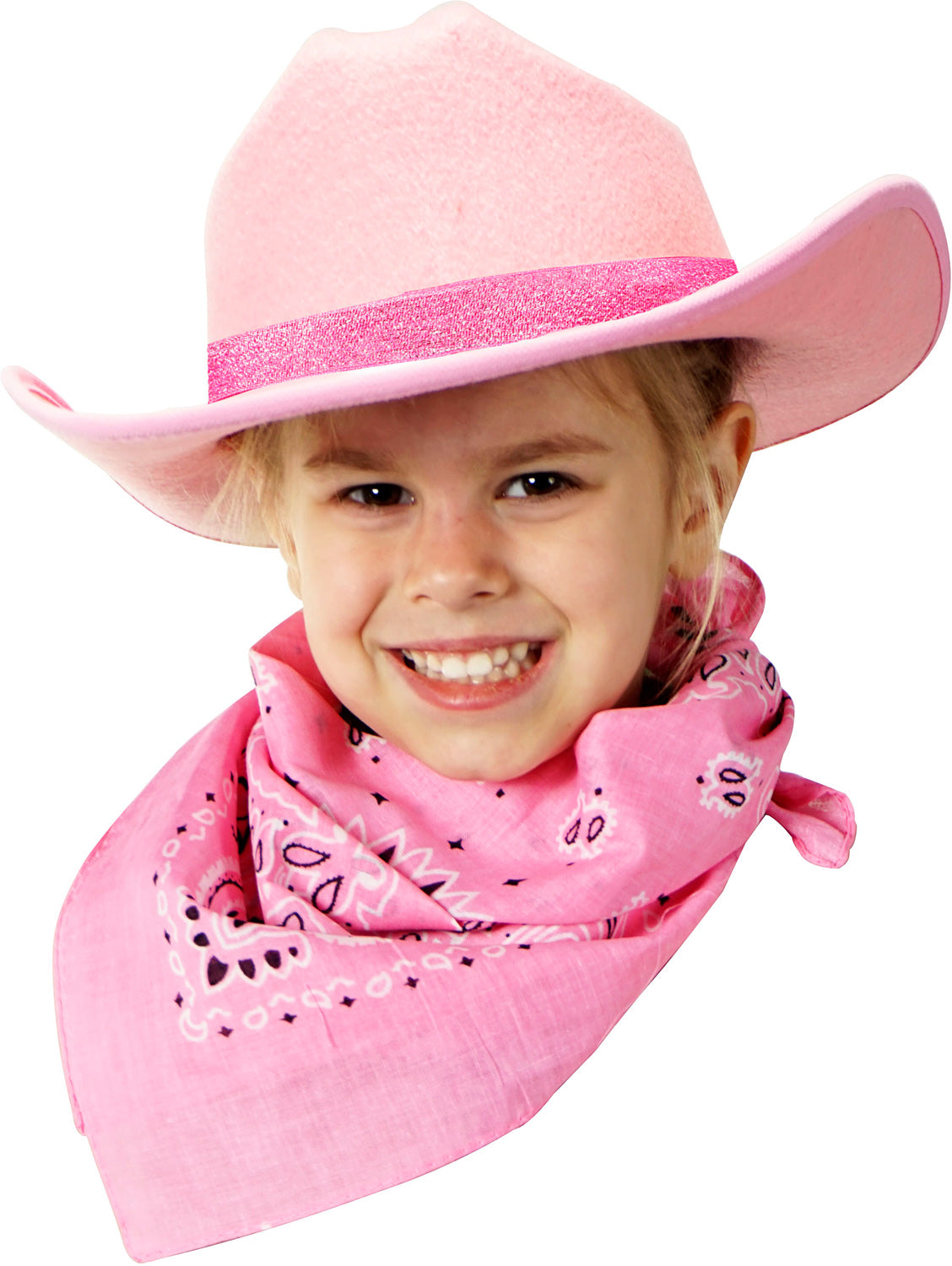Child wearing aJr. Cowboy Hat (Pink Sparkle) w/Bandanna  with a white background