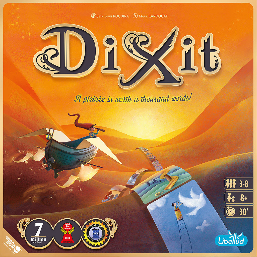 Board game box for 'Dixit' with desert scene and card illustration