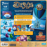 Dixit board game packaging with illustrations and text on a blue background