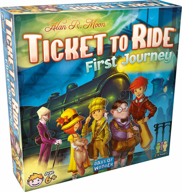 Board game box for 'Ticket to Ride: First Journey' with characters and train illustration.