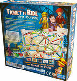 Board game box for 'Ticket to Ride First Journey' with colorful graphics and character illustrations.