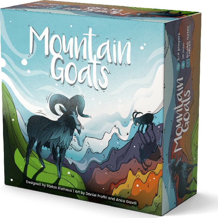 Board game box titled 'Mountain Goats' with mountain and goat illustrations on a white background