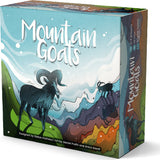 Board game box titled 'Mountain Goats' with mountain and goat illustrations on a white background