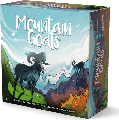 Board game box titled 'Mountain Goats' with mountain and goat illustrations on a white background