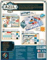 Back cover of the Azul mini board game packaging with colorful tiles and game instructions.