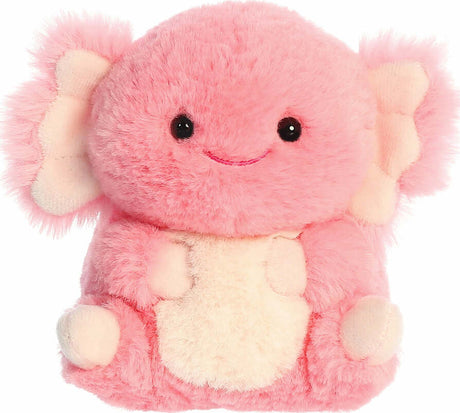 Pink plush toy with a smiling face on a white background