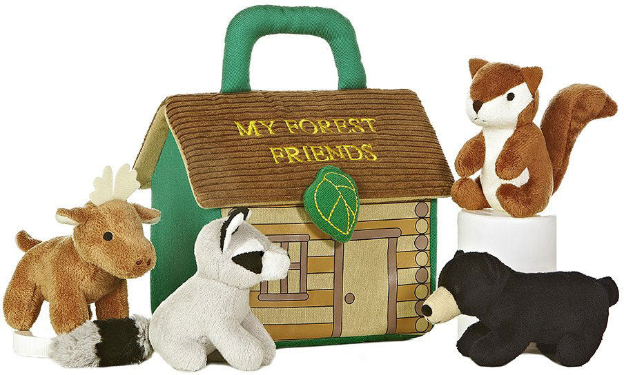 Set of plush forest animals with a toy house labeled 'My Forest Friends' on a white background.