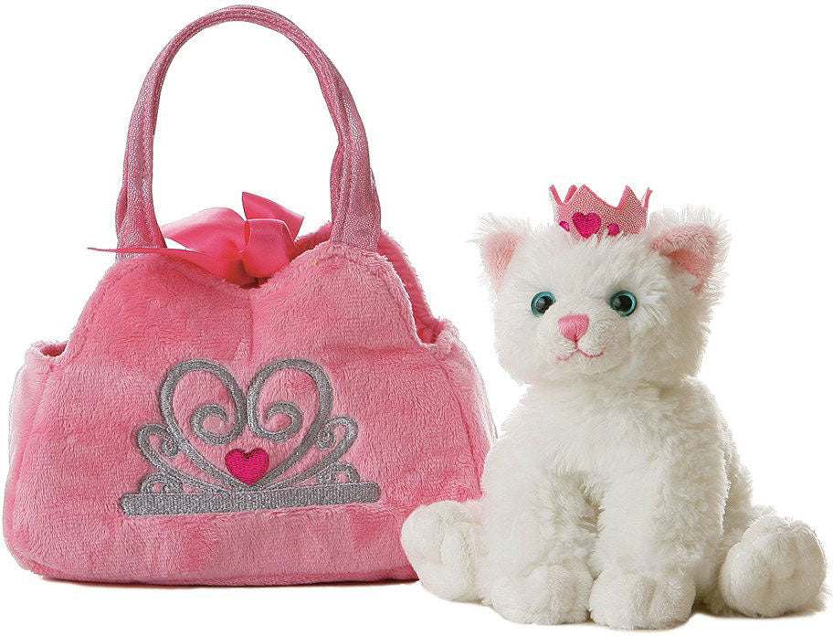 Pink plush handbag with a tiara design and a white plush cat toy with a pink crown on a white background