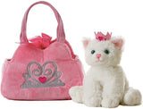 Pink plush handbag with a tiara design and a white plush cat toy with a pink crown on a white background