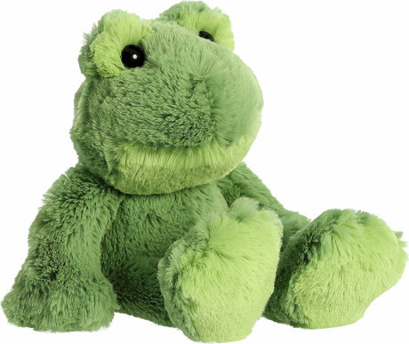 Green plush frog toy on a white background