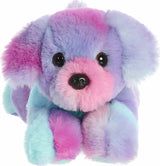 Pastel-colored plush dog toy on a white background