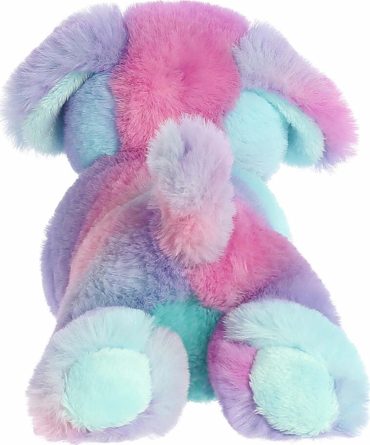 Multicolored plush toy with pastel shades on a white background