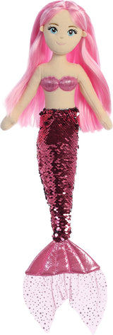 Mermaid doll with pink hair and sequin tail on a white background