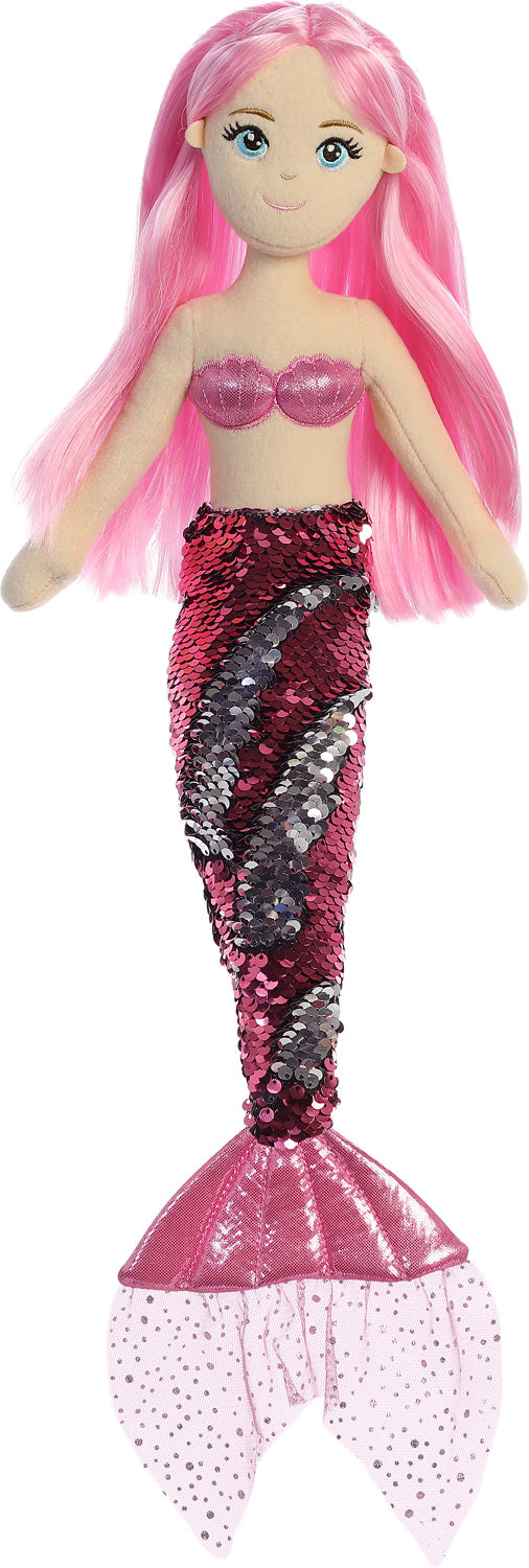 Mermaid doll with pink hair and tail on a white background