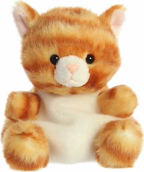 Plush toy cat with orange and white fur on a white background