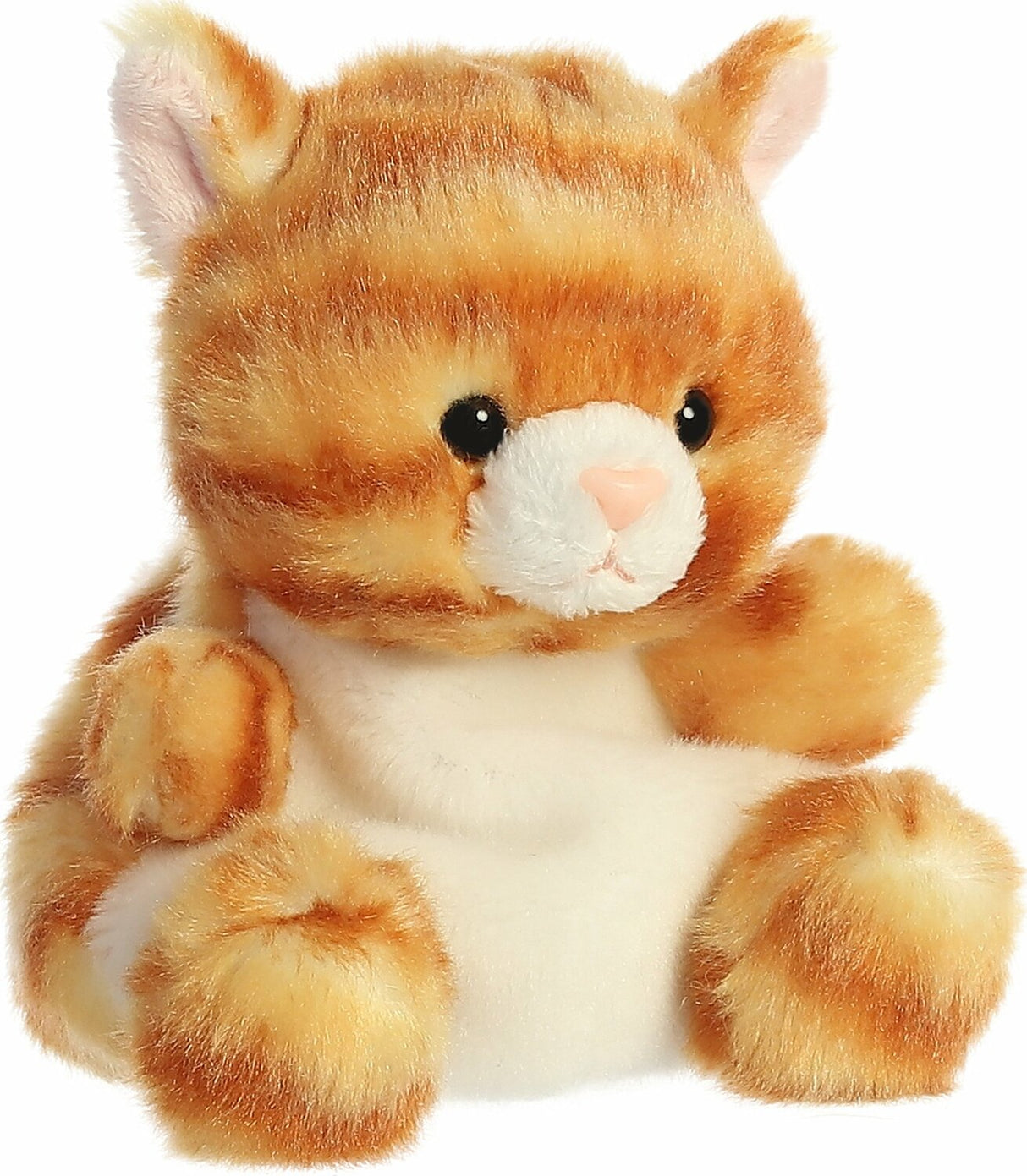 Plush toy cat with orange and white fur on a white background
