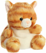 Plush toy cat with orange and white fur on a white background