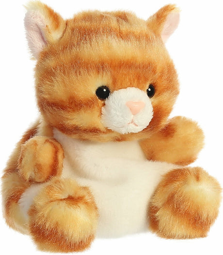 Plush toy cat with orange and white fur on a white background