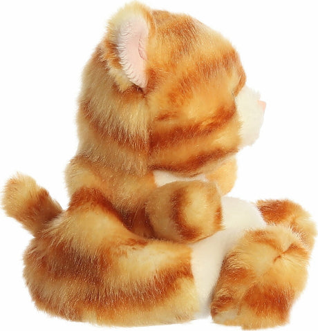 Plush toy cat with orange and white stripes on a white background