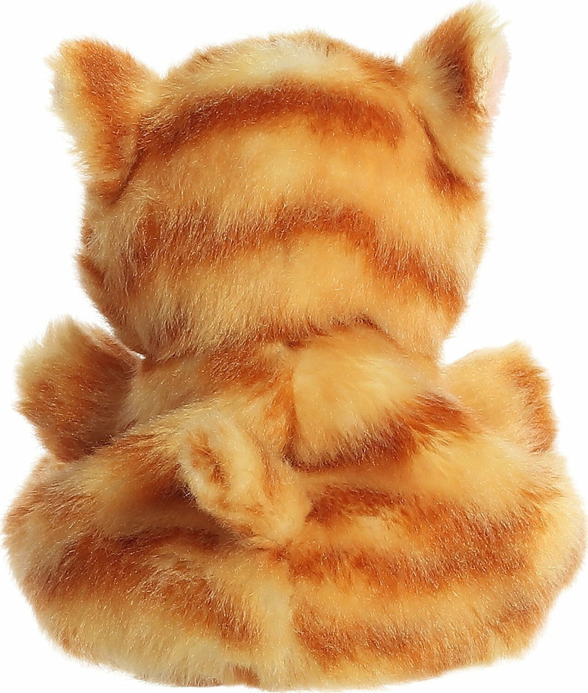 Back view of a plush  cat with orange and white stripes on a white background