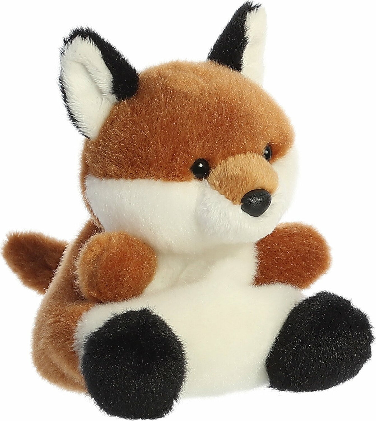 Plush toy fox with brown, white, and black fur on a white background