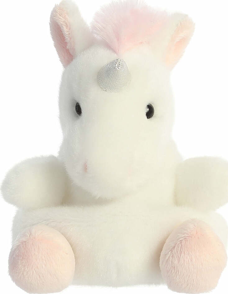Plush unicorn toy with pastel colors on a white background