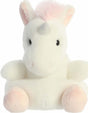 Plush unicorn toy with pastel colors on a white background