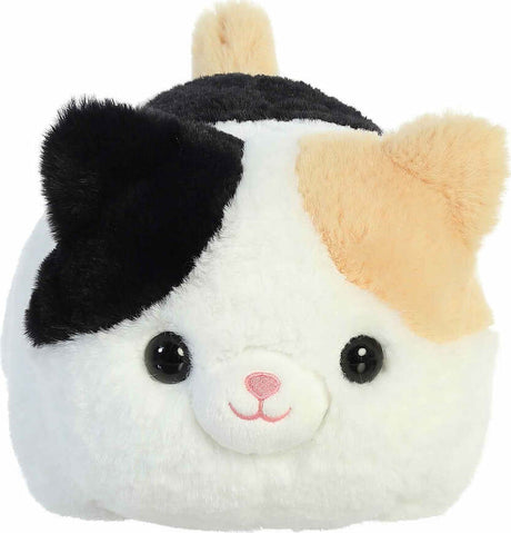 Plush cat with black, white, and beige colors on a white background