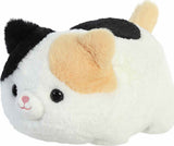 Plush cat with black, white, and beige colors on a white background