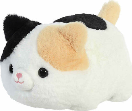 Plush cat with black, white, and beige colors on a white background