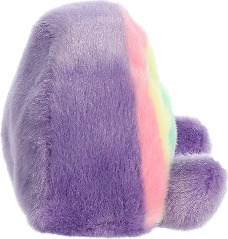 Purple plush toy with rainbow stripe on a white background